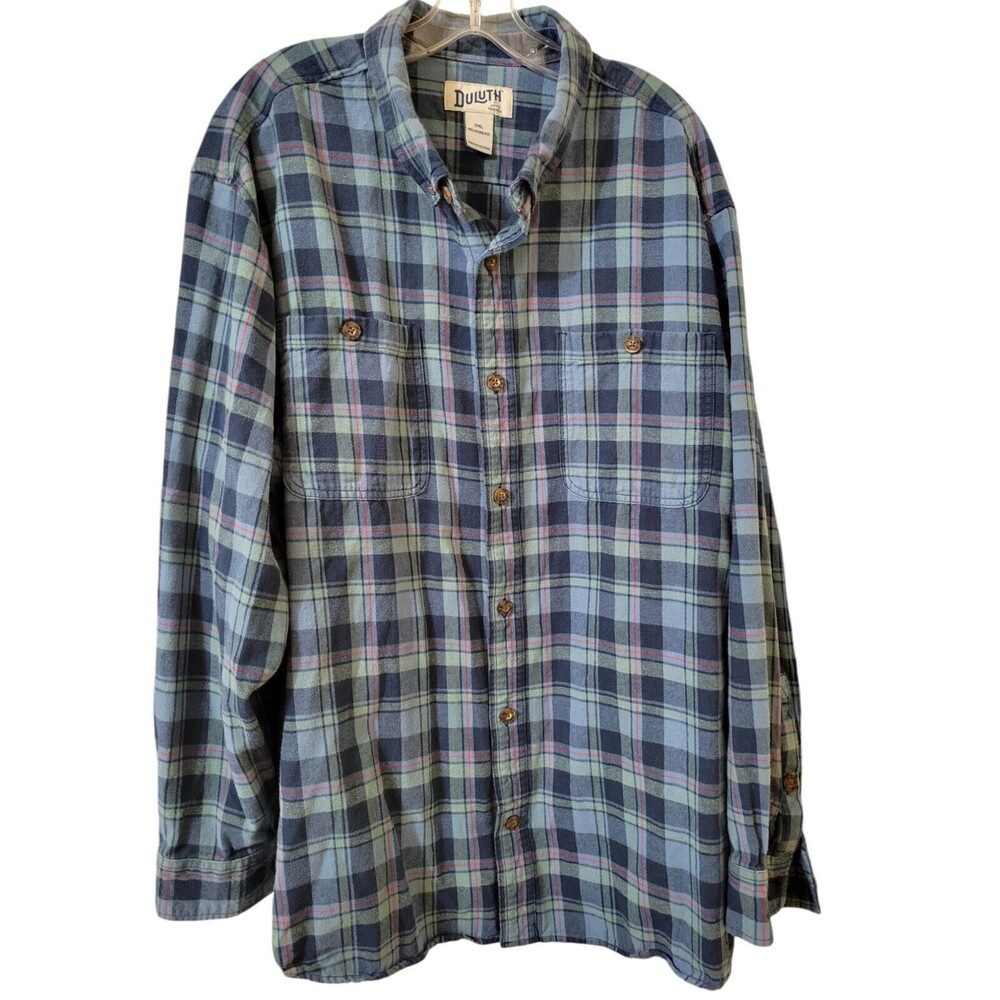 DULUTH TRADING Men's Flannel Shirt 2XL Blue Plaid Cotton Button Up Outdoors B18